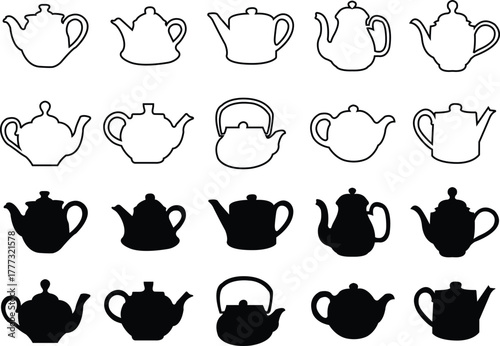 Teapot icon set flat, outline styles. Vintage and modern tea kettles, classic and contemporary designs, vectors illustration for café menu, kitchen decoration, restaurant branding, beverage packaging.
