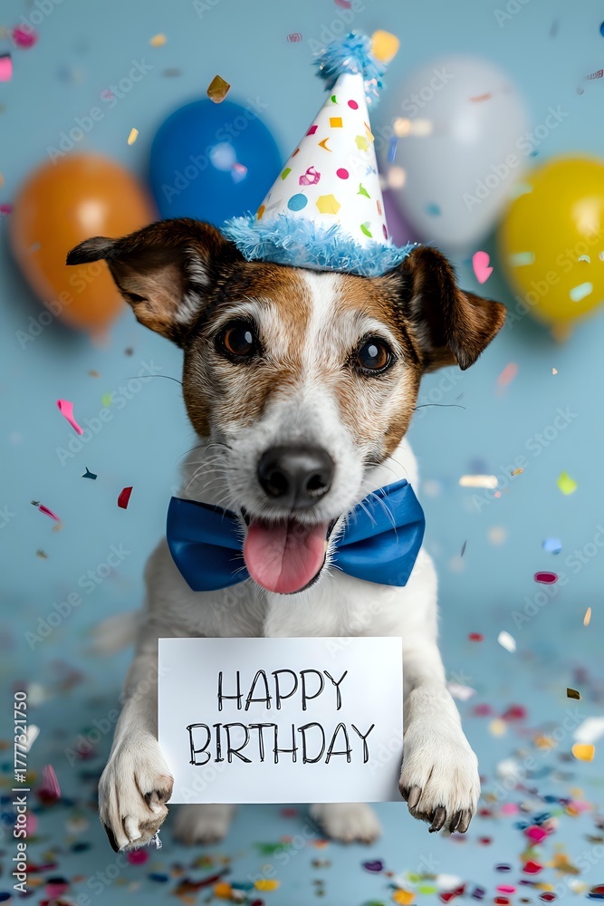 Fototapeta premium Cute Jack Russell terrier dog wearing party hat and bow tie holding birthday sign with colorful balloons and confetti background for celebration greeting cards.