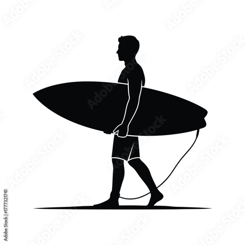 Surfer walking with surfboard silhouette vector graphic icon design for beach sports isolated on white background, Vector