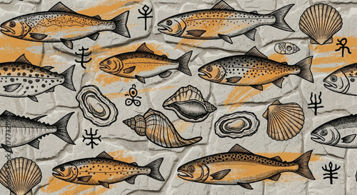 Vintage Seamless Seafood Pattern with Fish Shells and Ancient Symbols on Stone Texture