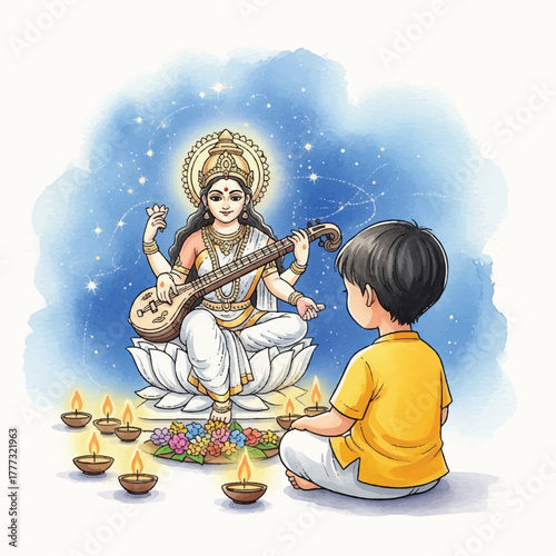Illustration of a young boy praying to Goddess Saraswati, who is seated on a lotus and playing the veena, surrounded by lit diyas.
