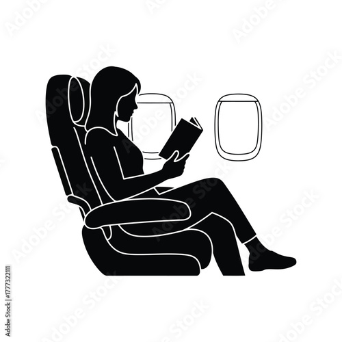 Woman passenger reading book on airplane seat, relaxing during flight journey vector icon isolated on white background, Vector