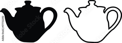 Teapot icon set flat, outline styles. Vintage and modern tea kettles, classic and contemporary designs, vectors illustration for café menu, kitchen decoration, restaurant branding, beverage packaging.
