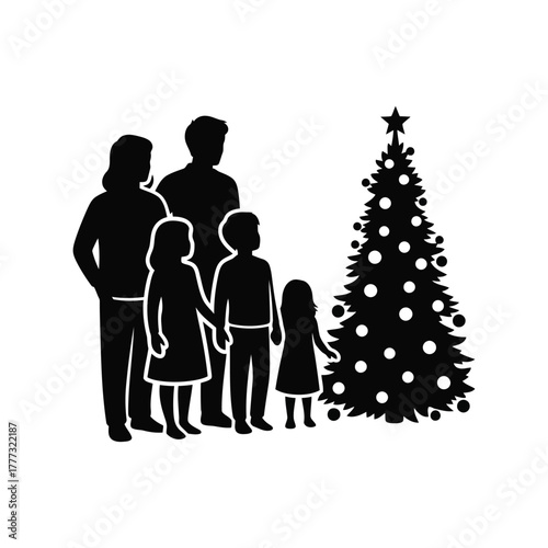 Family with christmas tree silhouette icon   holiday celebration, festive season vector isolated on white background, Vector
