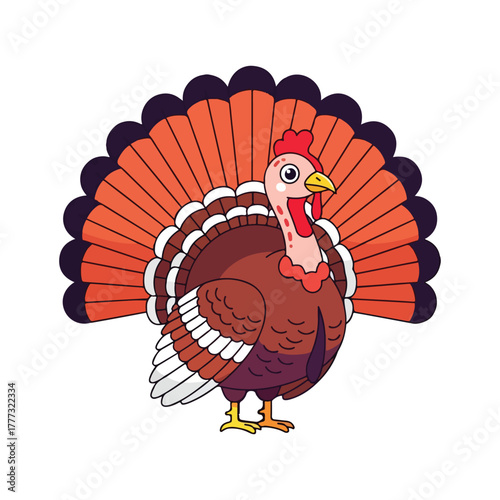Cartoon turkey with fanned tail feathers vector illustration