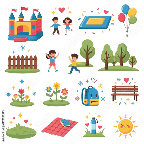 A collection of vector illustrations depicting a bouncy castle, children playing, a picnic blanket, balloons, a fence, park trees, flowers, a backpack, a bench, and a smiling sun.