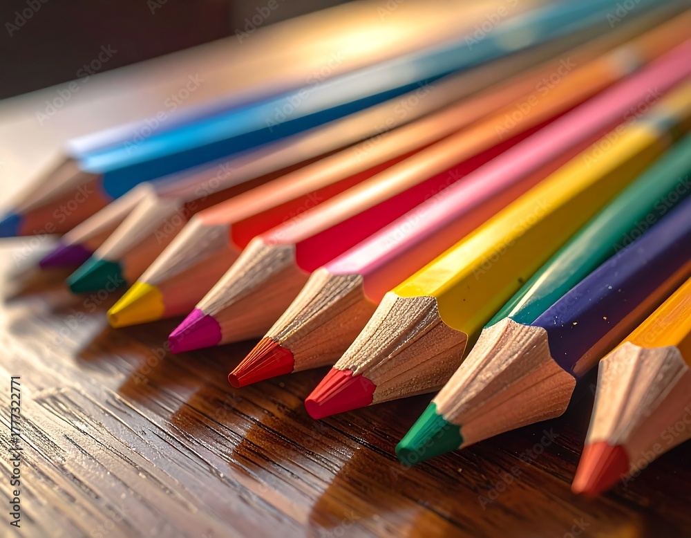 Naklejka premium Close-up of rainbow-colored pencils on a wooden surface, showing lead and wood details