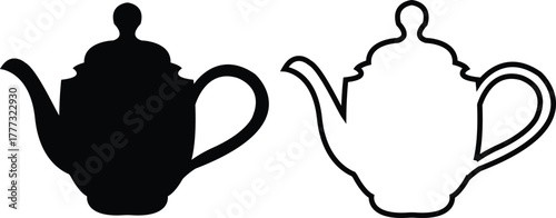 Teapot icon set flat, outline styles. Vintage and modern tea kettles, classic and contemporary designs, vectors illustration for café menu, kitchen decoration, restaurant branding, beverage packaging.