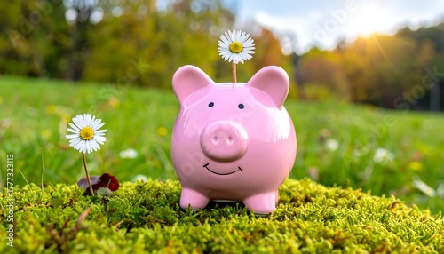 Fototapeta Naklejka Na Ścianę i Meble -  Pink piggy bank with daisies sticking out of it, sitting on green moss under a sunny sky