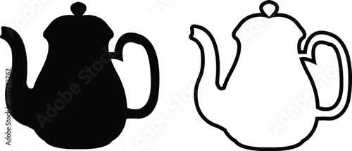 Teapot icon set flat, outline styles. Vintage and modern tea kettles, classic and contemporary designs, vectors illustration for café menu, kitchen decoration, restaurant branding, beverage packaging.