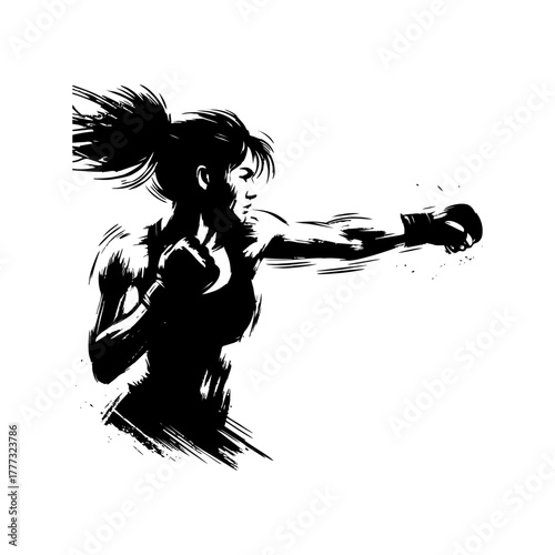 Female Boxer Punching, Black and White Illustration