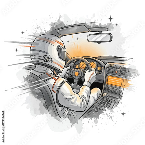 Illustration of a race car driver wearing a helmet and racing suit, gripping the steering wheel inside a sports car with speed lines.