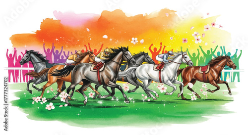 Illustration of a horse race with jockeys riding towards the finish line, cheered on by a crowd against a vibrant, colorful background.