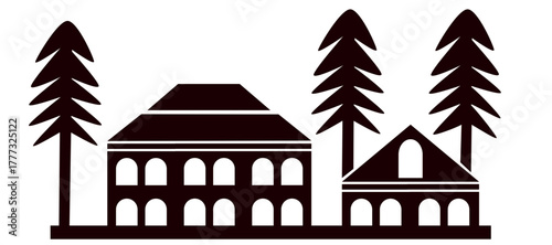 A Resort, Lodge, or Retreat: The combination of the European/Colonial style arches and the tall, stylized evergreen trees strongly suggests a scenic vacation, travel, or resort setting.