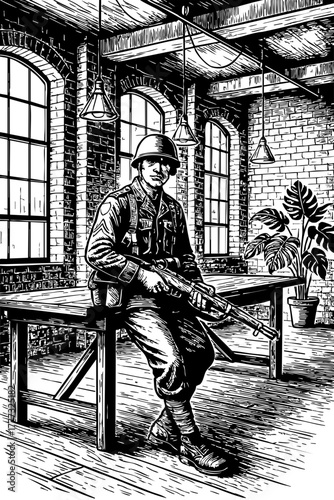 Soldiers in Trench Under Explosion – Black and White Vector War Illustration