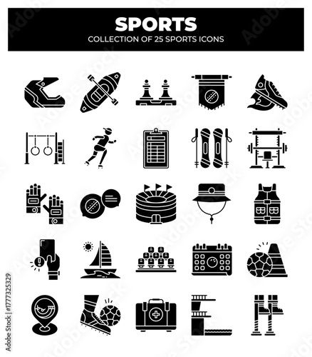 Collection of 25 Sports Icons. Sport Equipment. Game Icons. and Workout