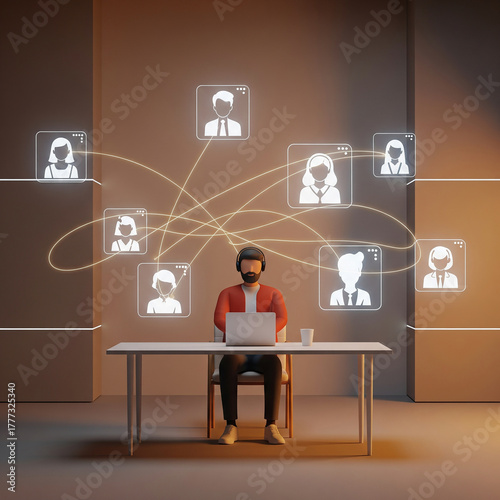 Modern professional enjoying virtual team collaboration via laptop, connecting with colleagues remotely in a stylish workspace for enhanced productivity