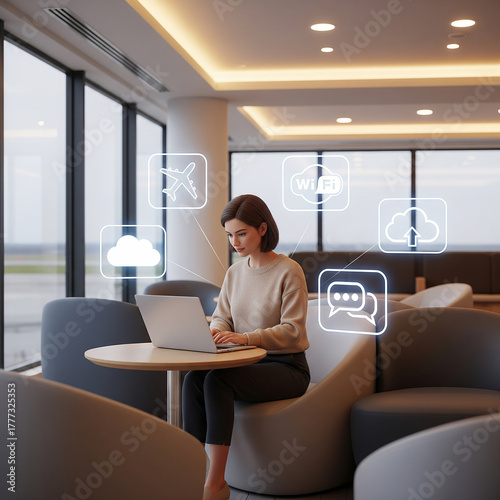 Modern businesswoman working remotely in airport lounge, enjoying seamless cloud connectivity for travel planning and business communication via fast wifi