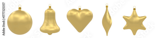 Set of five Christmas tree baubles in soft gold with different shapes. Round, bell, heart, icicle, star. 3d render vector Christmas tree decoration toys, isolated front view for design illustrations.