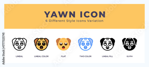 Yawn dog icon set. outline. glyph black. flat color and filled line color
