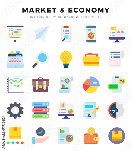 Market & Economy icons set. Collection of simple Flat web icons.
