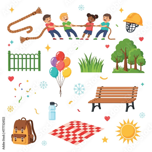 Colorful vector illustration of children playing tug-of-war, picnic blanket, balloons, backpack, bench, and other park-related elements.