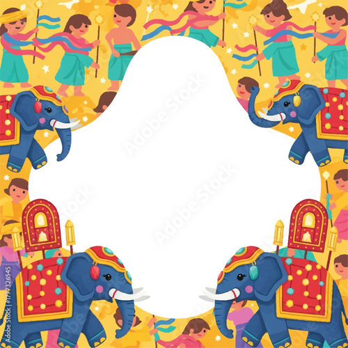 Colorful illustration featuring decorated elephants and children holding flags, creating a festive border around a white, irregularly shaped central space.