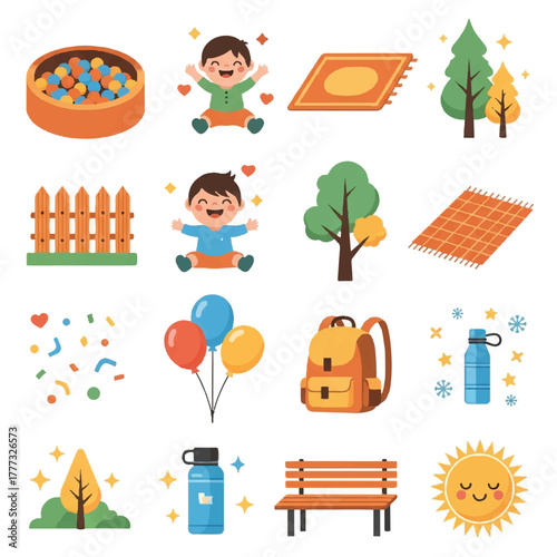 Collection of flat vector illustrations featuring children, park elements, and picnic items, including a ball pit, balloons, trees, and a bench.