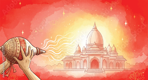 Illustration of hands holding a conch shell, blowing towards a temple with light emanating, set against a red and orange background with stars.