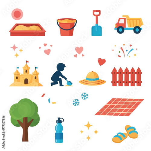 A collection of vector illustrations depicting beach and sandbox related objects, including a child playing, toys, and summer items.