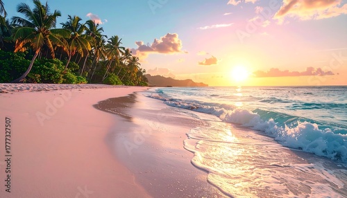 Fototapeta Naklejka Na Ścianę i Meble -  Pink sunset on a tropical beach with palm trees and gentle waves, idyllic view