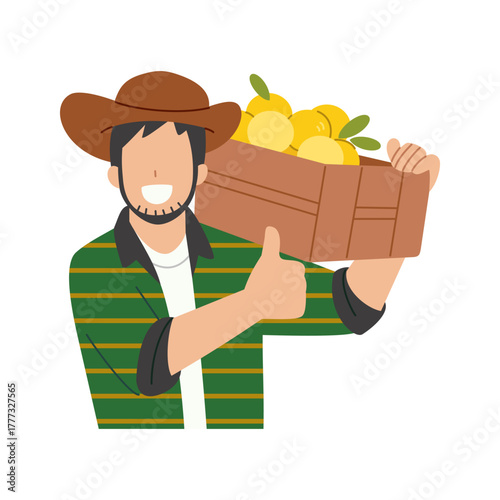 Fruit farmer carrying a box of oranges on his shoulder and giving thumbs up gesture. Flat character illustration isolated on white background