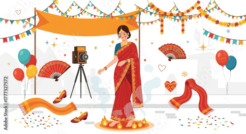 A woman in a red saree stands near a vintage camera, fans, shoes, and decorations, possibly at a celebration or event.