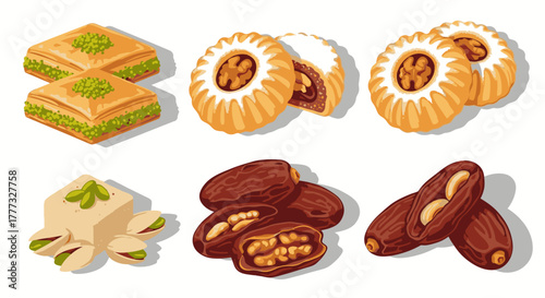 An assortment of traditional Middle Eastern sweets including baklava, ma'amoul cookies, halva, and stuffed dates.