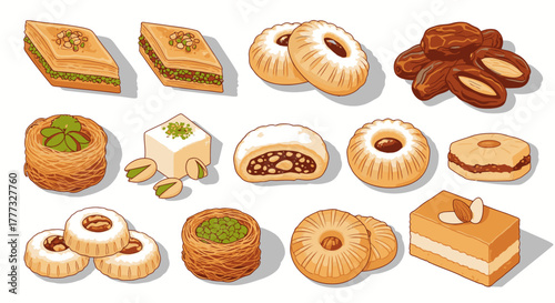 A vibrant collection of assorted Middle Eastern sweets and pastries, including baklava, ma'amoul, and dates, artfully arranged on a white background.
