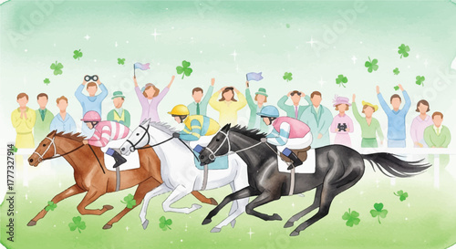 A horse race with three horses and jockeys in the foreground, with spectators cheering and waving shamrocks in the background.