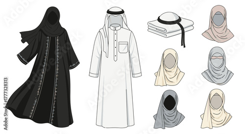 A collection of vector illustrations depicting traditional Arab and Islamic clothing for men and women on a white background.