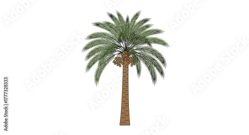 A detailed illustration of a single palm tree with a textured brown trunk and green fronds against a white background.