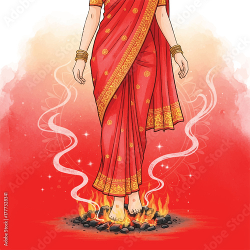 Illustration of a woman in a red and gold sari walking barefoot over hot coals, surrounded by smoke and sparkles.