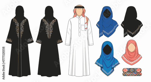 Illustration showcasing traditional Arab attire, including abayas, thobes, and various head coverings.