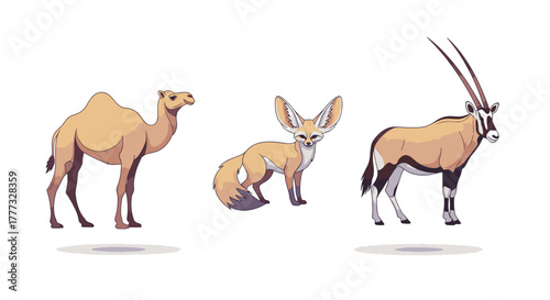 A collection of three desert animals, a camel, a fennec fox, and an oryx, shown in a stylized vector illustration.