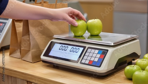 Hand places green apples on a digital scale at a grocery checkout counter.