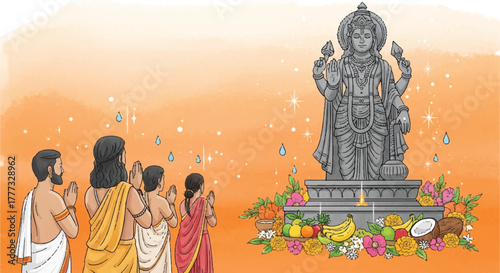 A group of people praying before a statue of a deity adorned with flowers and fruits, in a religious ceremony.