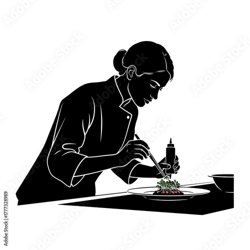 Chef Preparing Gourmet Meal Artfully Plating Food Culinary Presentation Silhouette