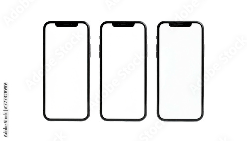 Three dark-framed smartphones showing blank white screens
