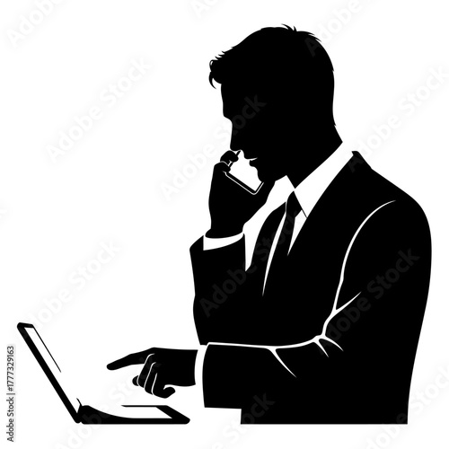 Modern Businessman Using Laptop and Cell Phone Simultaneously Technology Silhouette