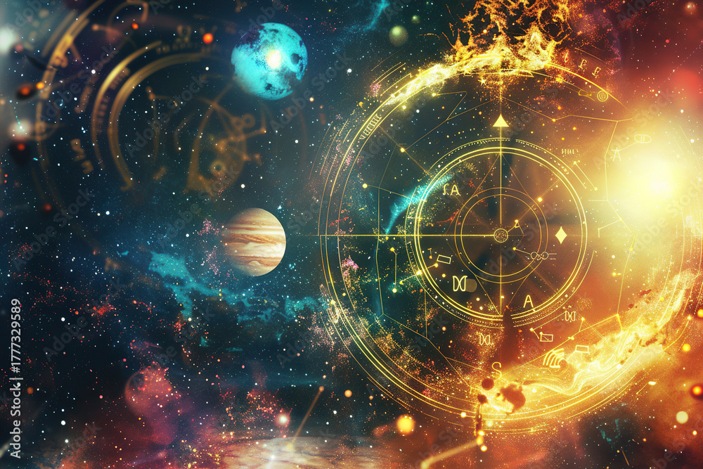 Obraz premium Abstract composition with zodiac circle in signs and symbols