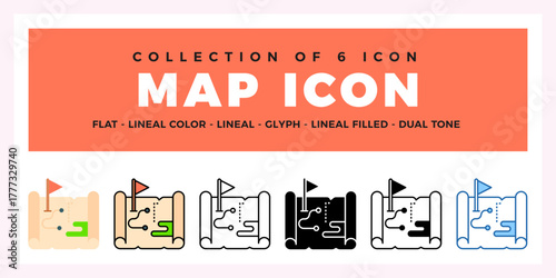 Collection of 6 Map Icons. Flat. Lineal. Glyph Styles