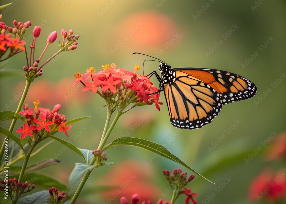 Obraz premium Monarch butterfly gracefully feeding on bright orange flowers in a natural garden