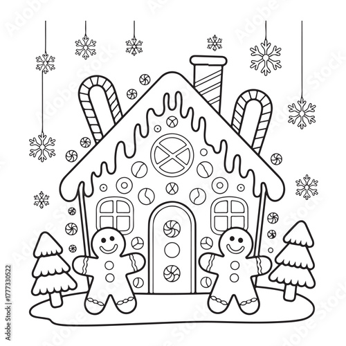 Festive gingerbread house with candy and smiling cookies illustration